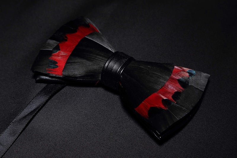 RBOCOTT Handmade Feather Red Black Pre-tied Bow tie and Brooch Sets for Men (20) - Image 4